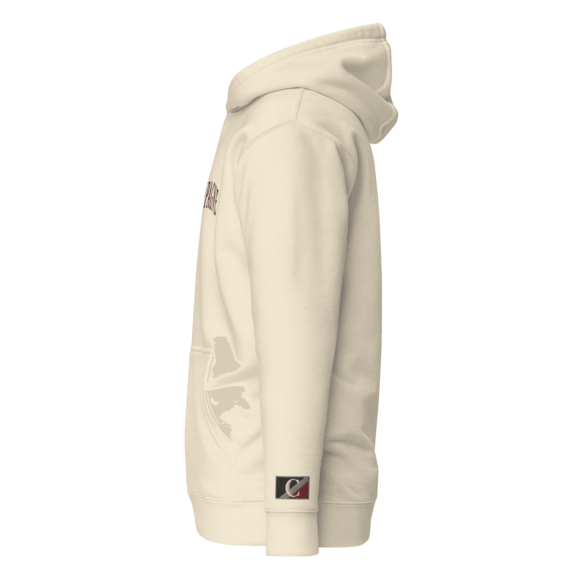 Close view of Campagne Arched Wordmark Hoodie Bone