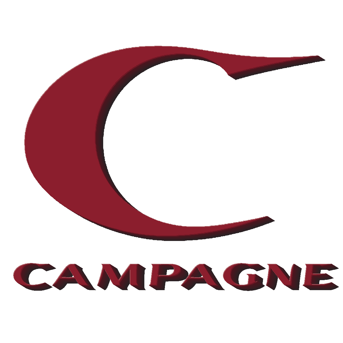 Campagne Velocity C wordmark with a beveled oxblood face and continuous dark sidewall